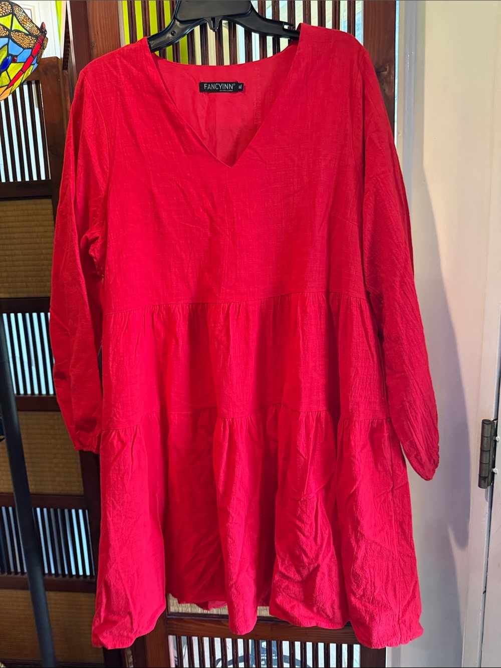 FANCYINN Red V-Neck Tiered Women's Top